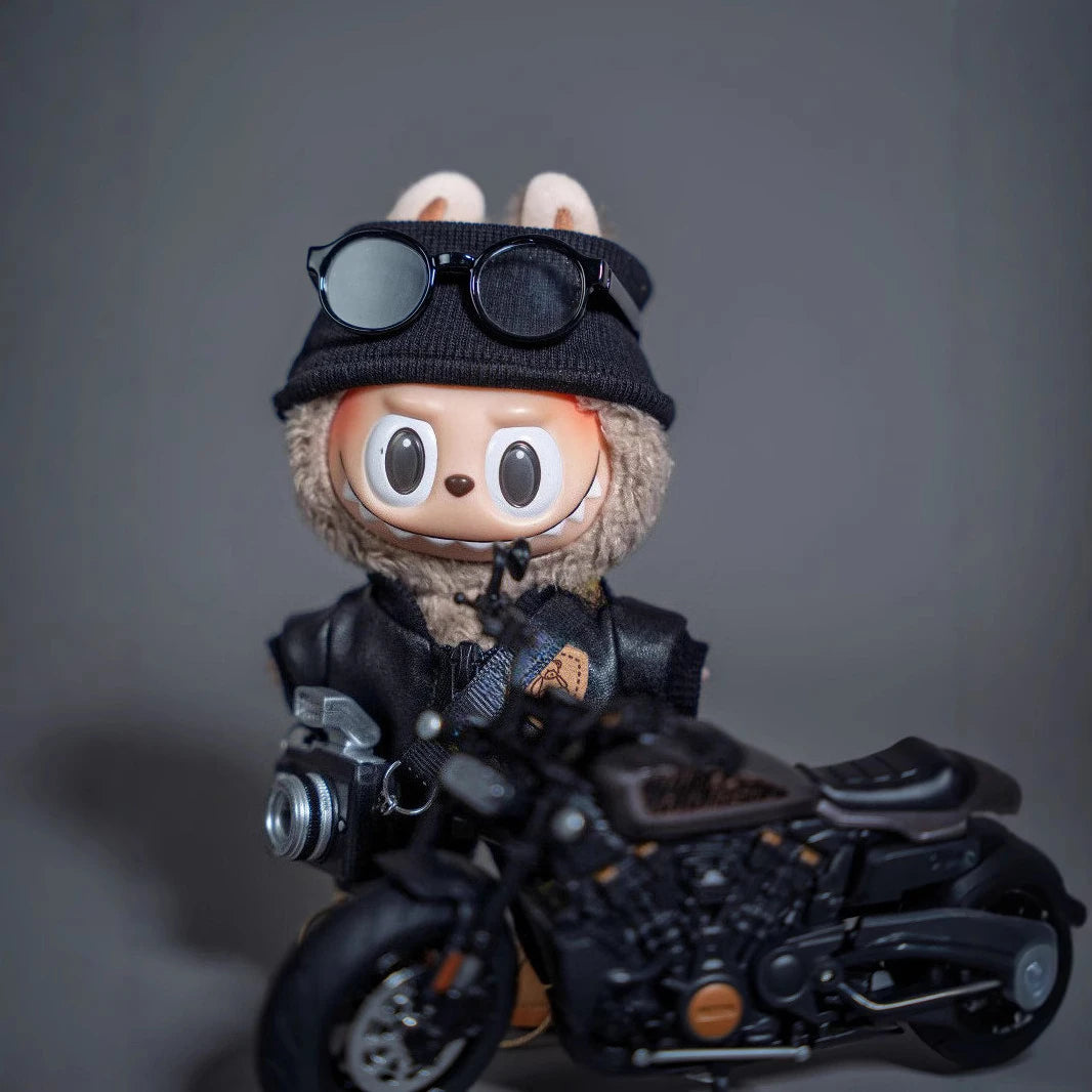 Labubu doll Motorcycle Trendy Fashion Baby Clothes Black Leather Jacket Set Cool Motorcycle Accessories
