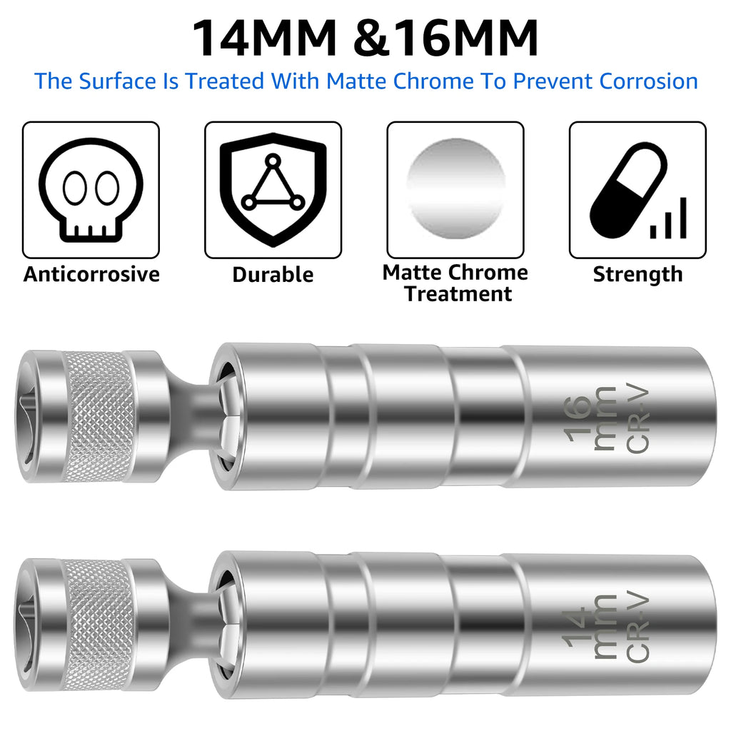 2 llaves de vaso para bujías de 14 mm y 16 mm, giratorias 360°, herramienta de extracción, herramientas de instalación magnéticas.