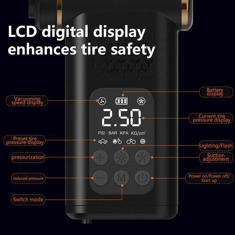 5-in-1 Wireless Vacuum Cleaner Multi-purpose for Vehicle Outdoor Emergency Portable Smart Tire Inflator with Digital Display