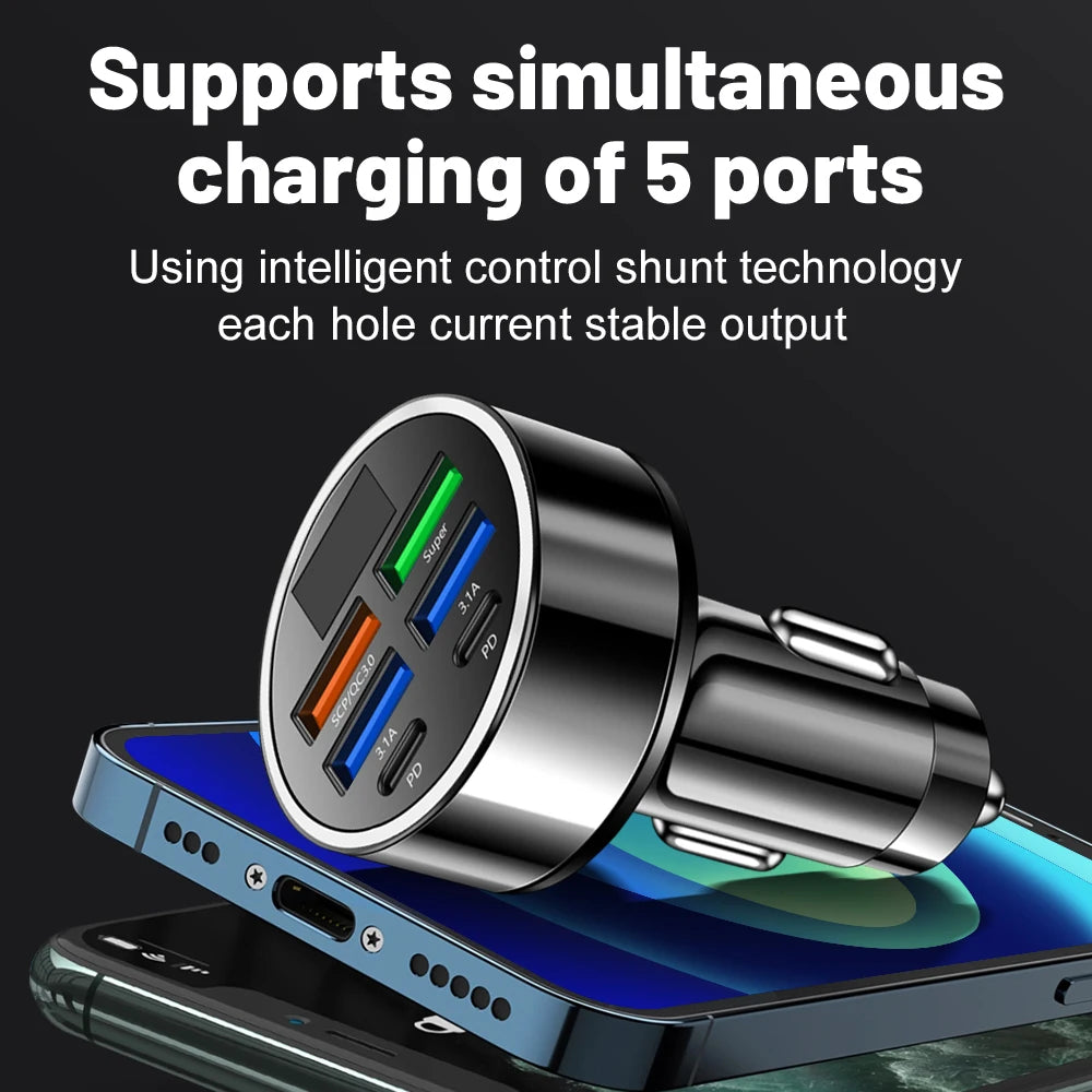 Car Charger 100W Support Super Fast Charging 6 In 1 Multi-port Voltage Car With Vehicle Digital Display Mobile car Phone Charger