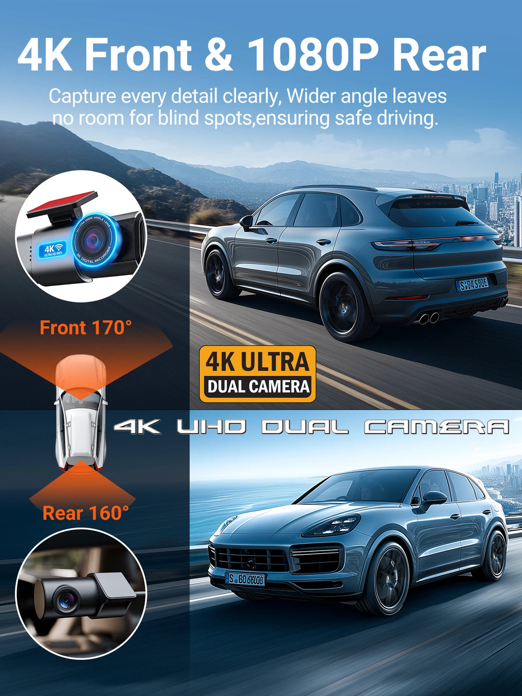 Dash Cam 4K UHD Recording Car Camera DVR HDR Night Vision Video Recorder Built-In Wi-Fi Support GPS 24H Parking APP Monitor