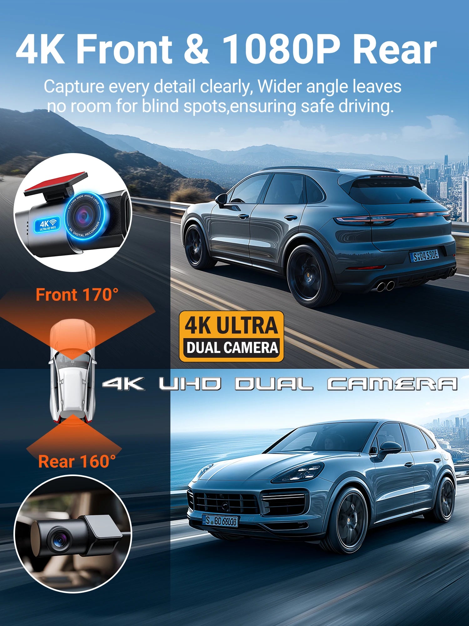 Dash Cam 4K UHD Recording Car Camera DVR HDR Night Vision Video Recorder Built-In Wi-Fi Support GPS 24H Parking APP Monitor