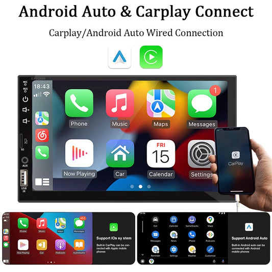 7“ Car Radio 1 Din Multimedia Player With Android Auto Carplay HD Touch Screen FM AUX Input Bluetooth MirrorLink Autoradio