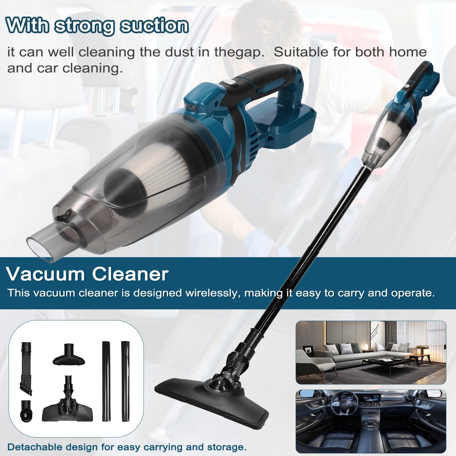 Portable Cordless Vacuum Cleaner 18V 10Kpa Strong Suction with 4 Attachments for Home Car Gap Cleaning 750ml Dust Bin
