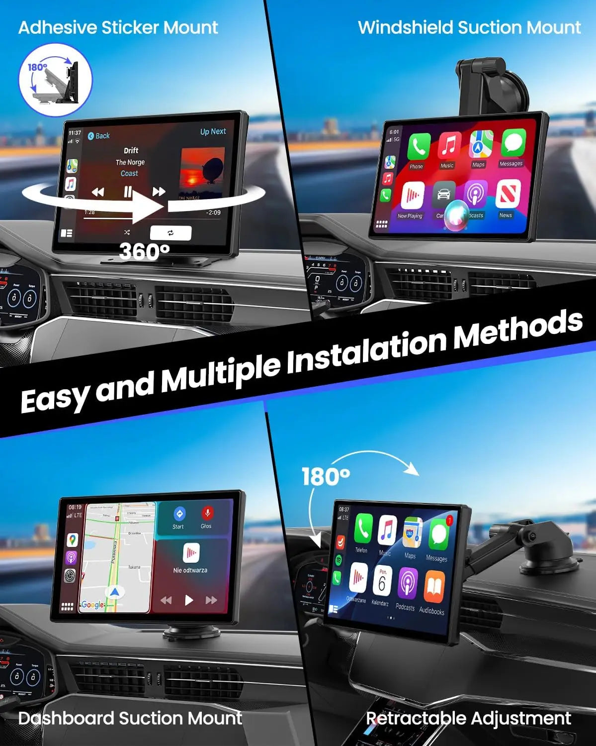 Portable 10.1 inch 4K Dashcam Wireless Carplay Android Auto DVR Car Intelligent Systems Dashboard Car DVR Bluetooth FM AUX