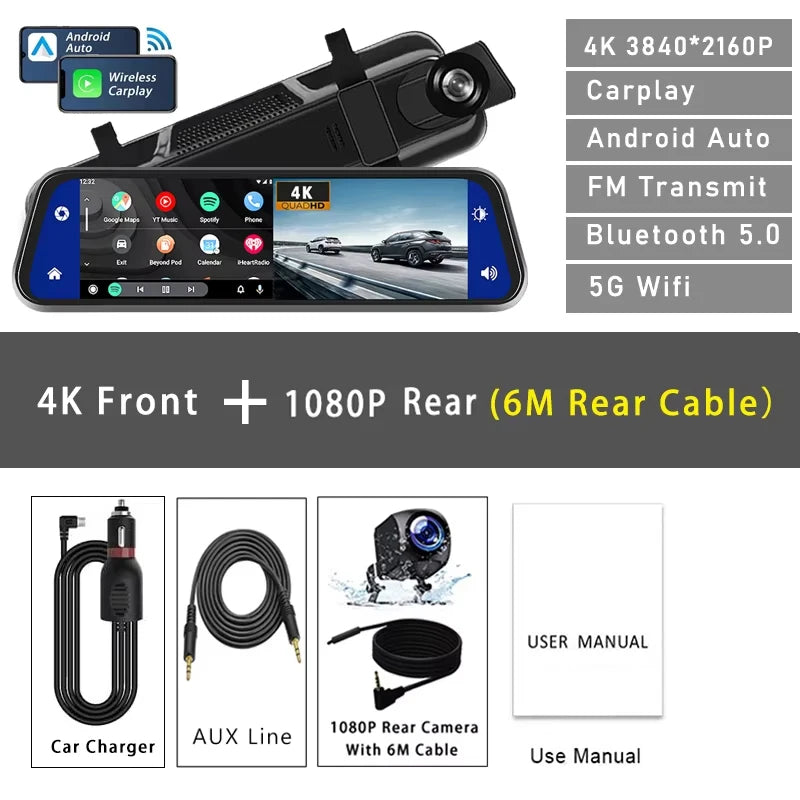 10" Dash Cam 4K 3840*2160P Car Dvr Carplay Android Auto GPS 5G WIFI AUX Stream RearView Mirror Dashcam Camera Drive Recorder FM