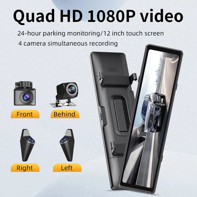 12 Inch Car DVR Dash Cam 4 Channel HD Loop Recording 360 Degree All Around View Streaming Mirror Rearview Camera Video Recorder