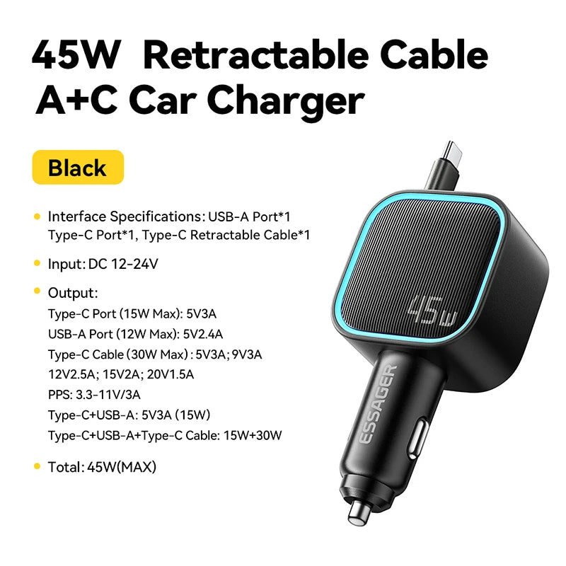 45W Car Charger With Retractable Cable 2-Port USB-C USB-A Multi-Port Fast Charger For Vehicle Mobile Phone Charging