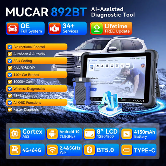 MUCAR 892BT AI Auto Tools Bi-directional ECU Coding Life Free Car Diagnostic Tool CANFD DOIP 35 Resets Full Systems Obd2 Scanner