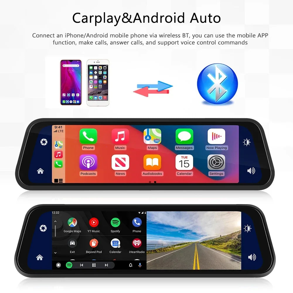 Car Dvr 9.66 Inch Touch Screen Stream Rear View Dash Cam Mirror Dual Camera Drive Recorder Carplay Android Auto Bluetooth