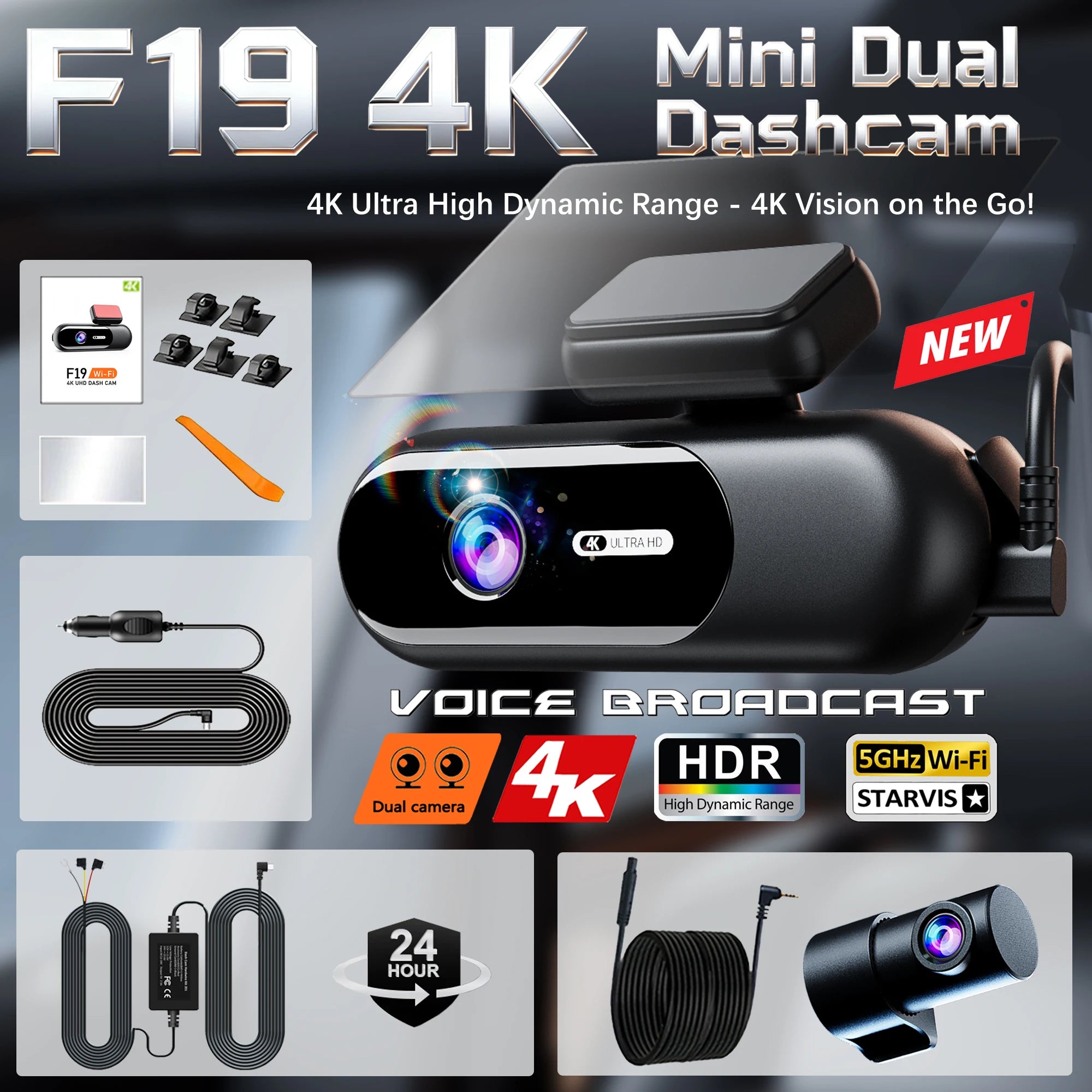 Dash Cam for cars 4K UHD Recording Front Rear Car Camera HDR Night Vision Recorder Built in Wi-Fi 24H Parking Mode APP Monitor
