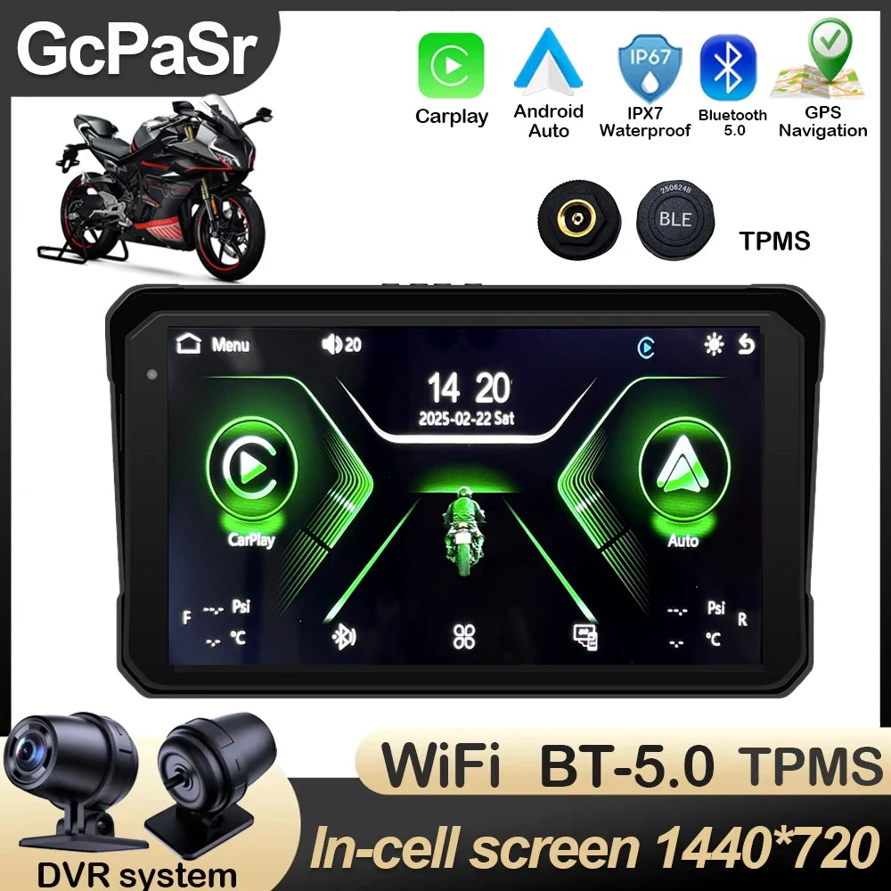 Motorcycle Navigation 6 inch Screen 1440*720P GPS Wireless CarPlay Android Auto Motorcycle GPS Motor DVR Monitor TPMS Optional