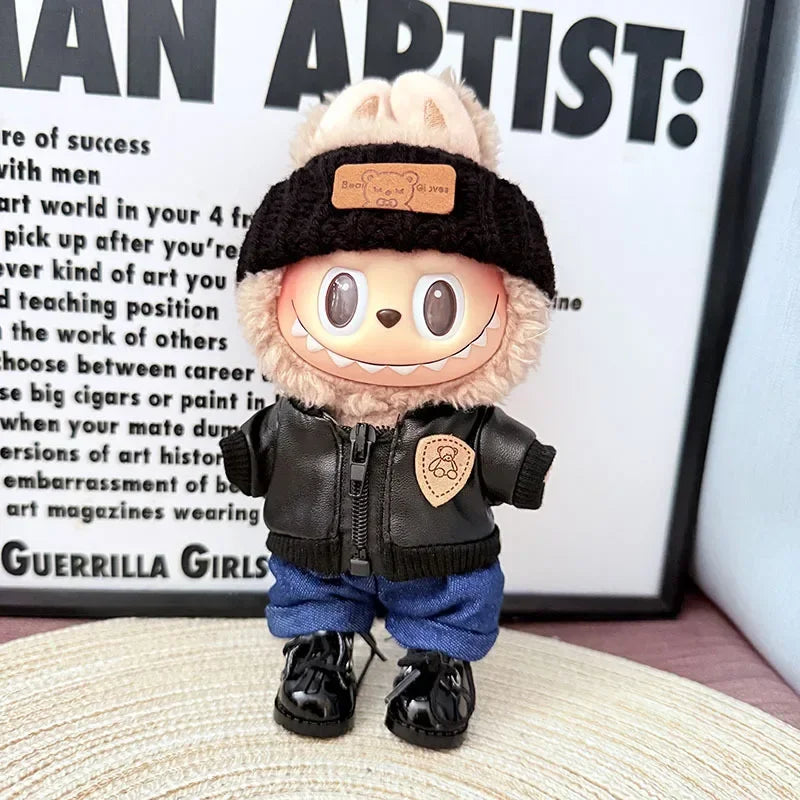 Muñeca Labubu, motocicleta, ropa de bebé de moda, conjunto de chaqueta de cuero negra, accesorios geniales para motocicleta