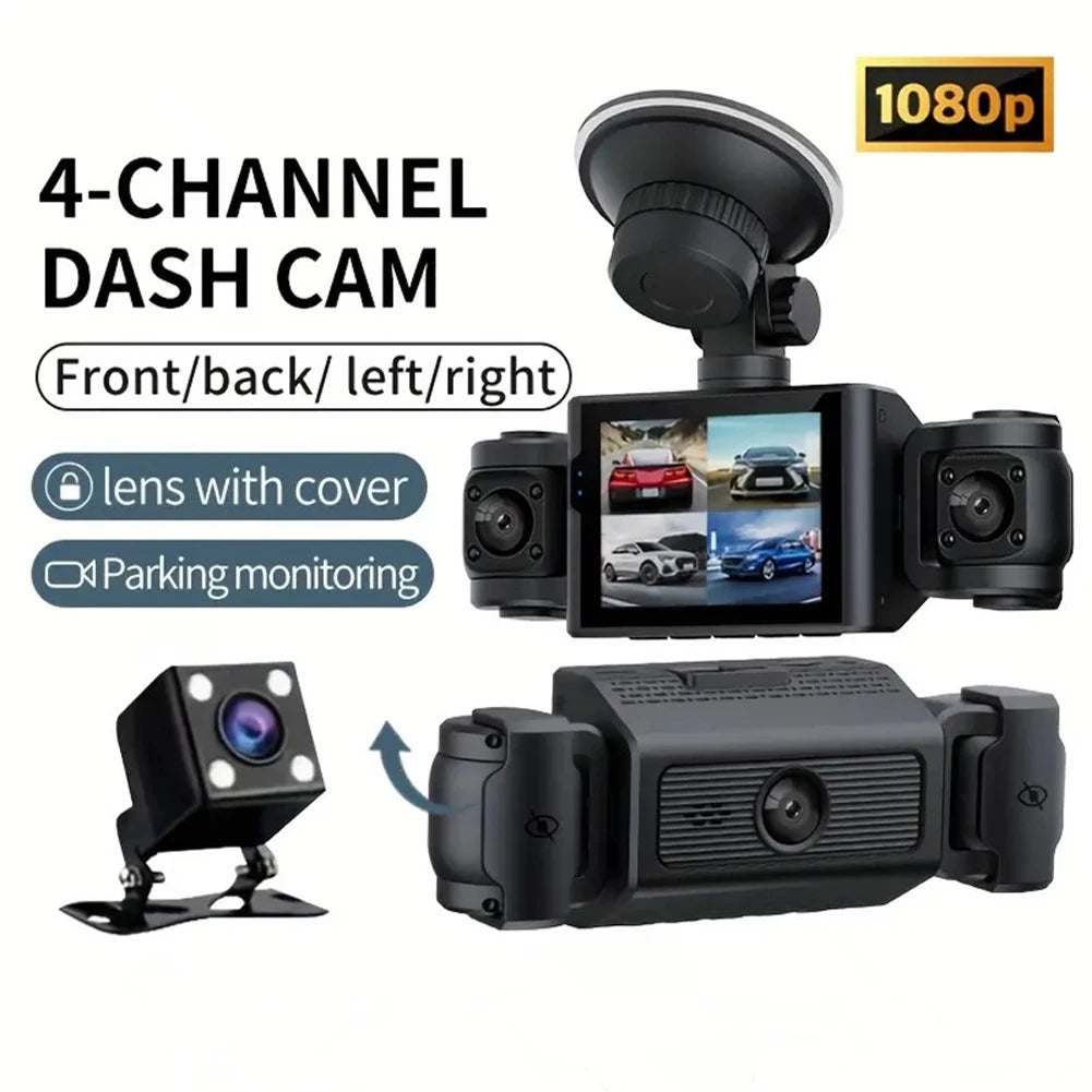 4 Channel 1080P Dash Cam Front and Rear Inside Car Dash Camera Night Vision Driving Video Recorder for Cars