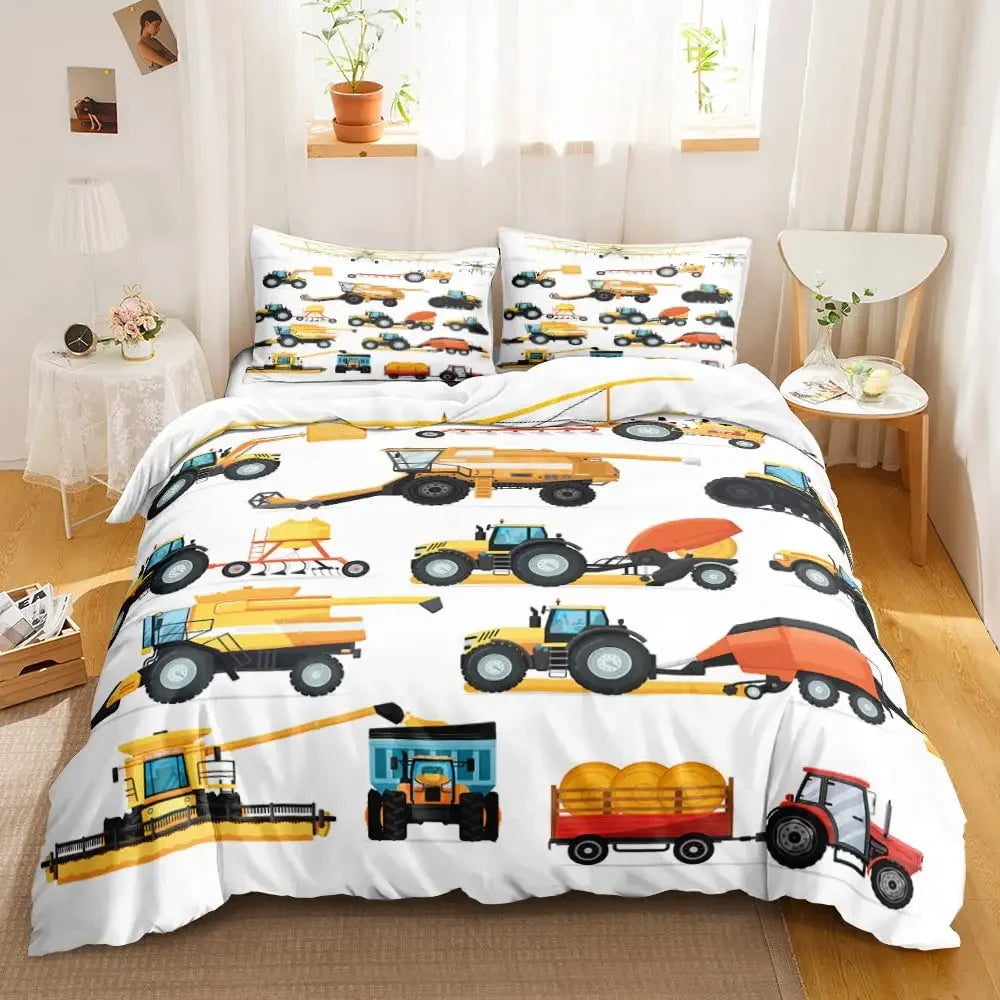 Construction Vehicles Boys Excavator Duvet Cover Yellow Tractor Truck Bedding Set for Teens Child Old Retro Car Theme Room Decor