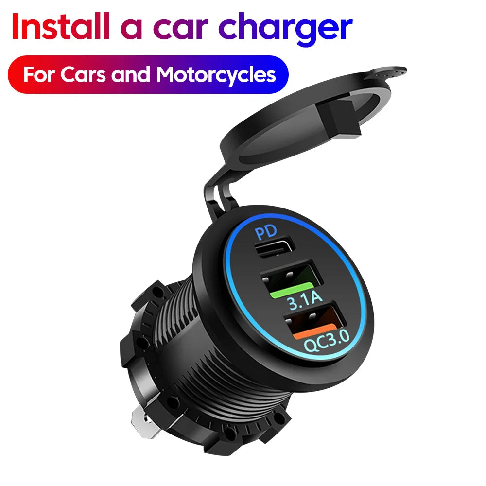 Motorcycle Car Charger Waterproof Modified QC3.0 Dual USB+ Type-C Charger Charger Accessori For 12V-24V Car Auto Motorcycle