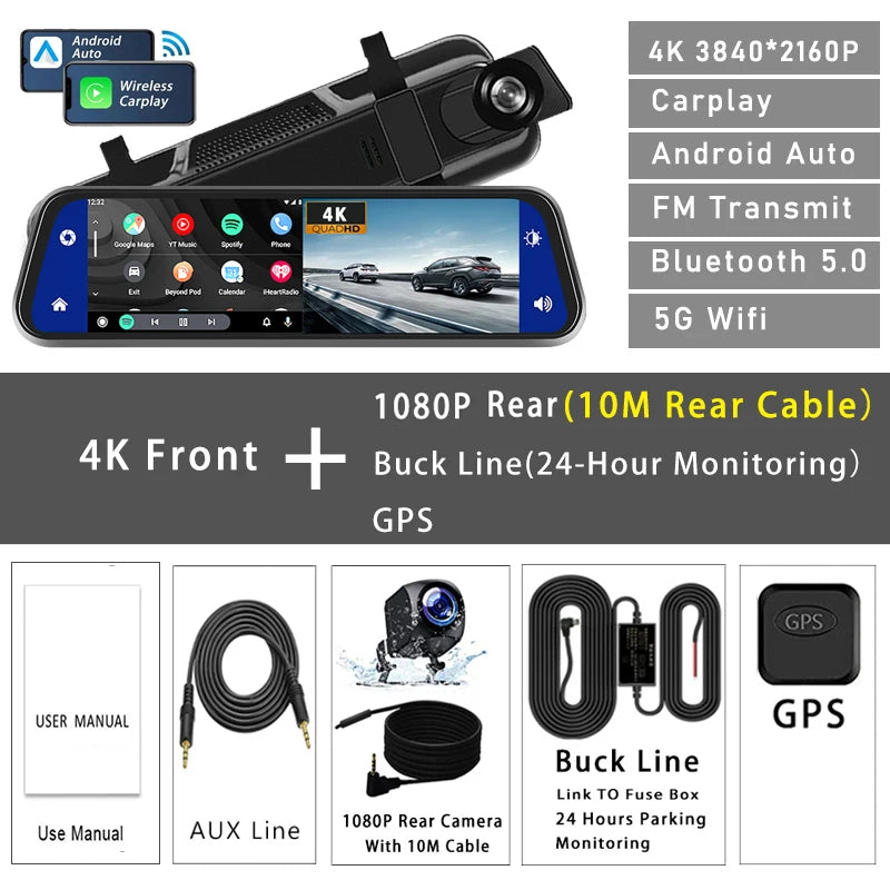 10" Dash Cam 4K 3840*2160P Car Dvr Carplay Android Auto GPS 5G WIFI AUX Stream RearView Mirror Dashcam Camera Drive Recorder FM