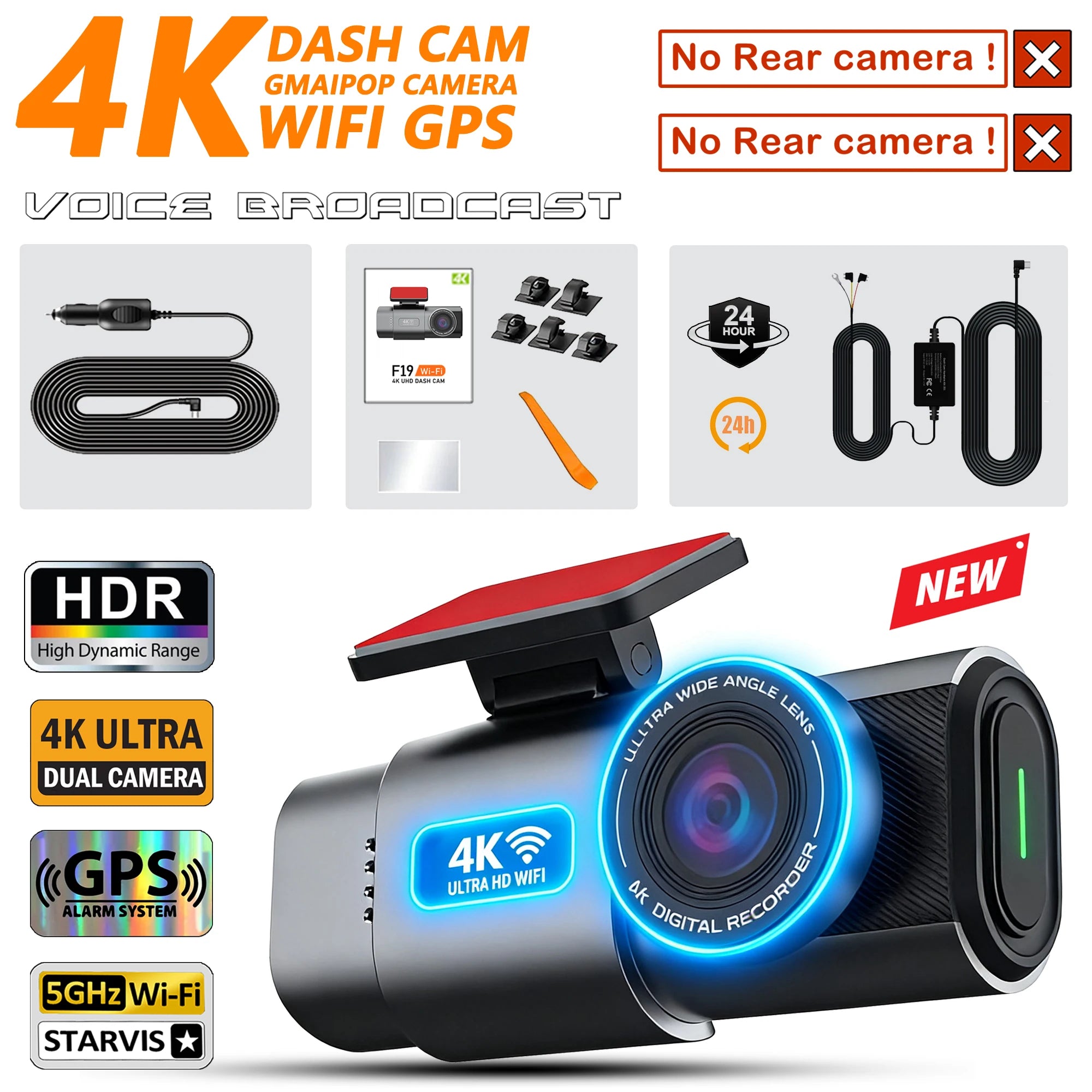 Dash Cam 4K UHD Recording Car Camera DVR HDR Night Vision Video Recorder Built-In Wi-Fi Support GPS 24H Parking APP Monitor