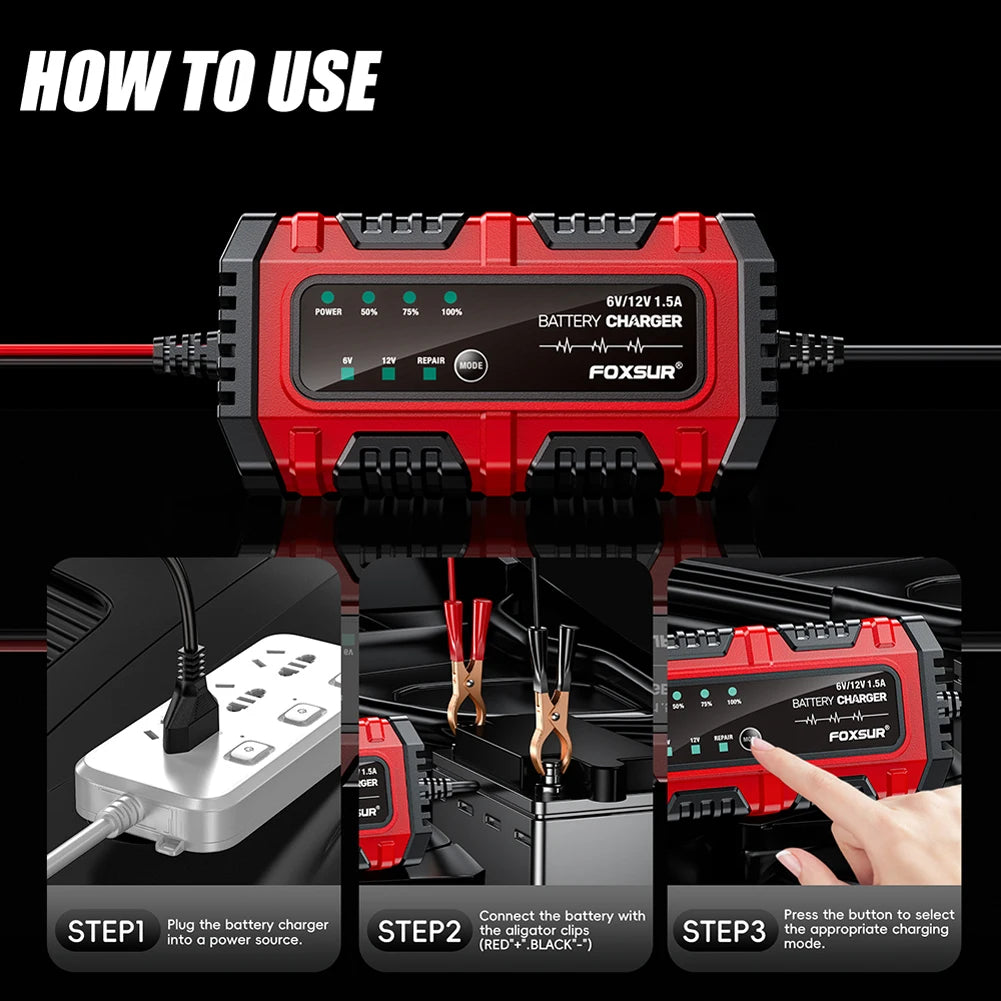 6V/12V 1.5A Car Battery Charger Smart Charger Car and Motorcycle Battery Charging Unit for Lead-Acid AGM GEL Batteries