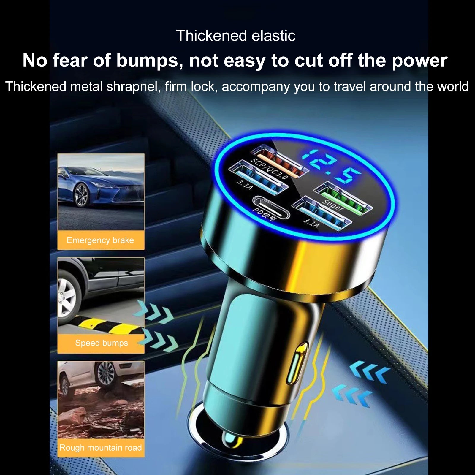 250W LED Car Charger Adapter 4 Ports USB Super Fast Charging Adapter Type C PD Car Phone Charger for Various Smartphones