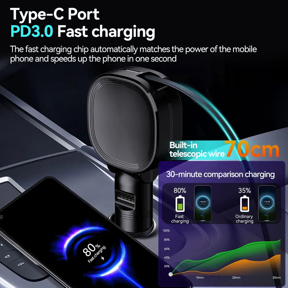 30W Car Charger 2 in 1 Retractable Cable QC PD Fast Car Phone Charger