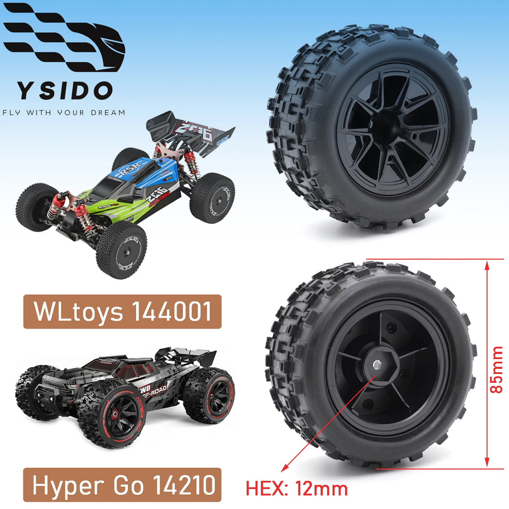 4PCS YSIDO RC Car Rubber Tires Wheels 85mm 12mm HEX Skidproof Wear-resistant Tyre for Hyper Go 14210 16210 WLTOYS 144001 144010