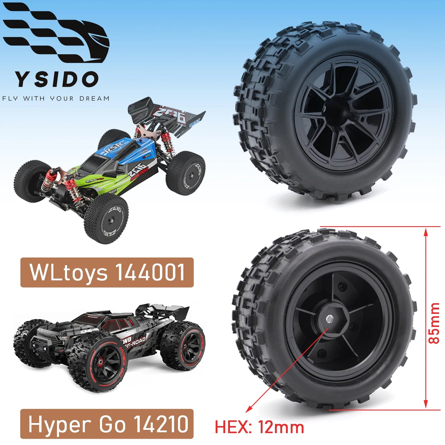 4PCS YSIDO RC Car Rubber Tires Wheels 85mm 12mm HEX Skidproof Wear-resistant Tyre for Hyper Go 14210 16210 WLTOYS 144001 144010