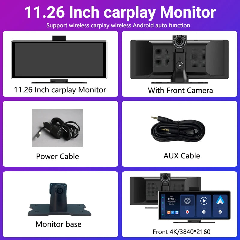 11.26 inch IPS Touch Screen Multimedia Video Player Portable 4K DVR Wireless CarPlay/Android Auto Dual Lens Driving Recorder