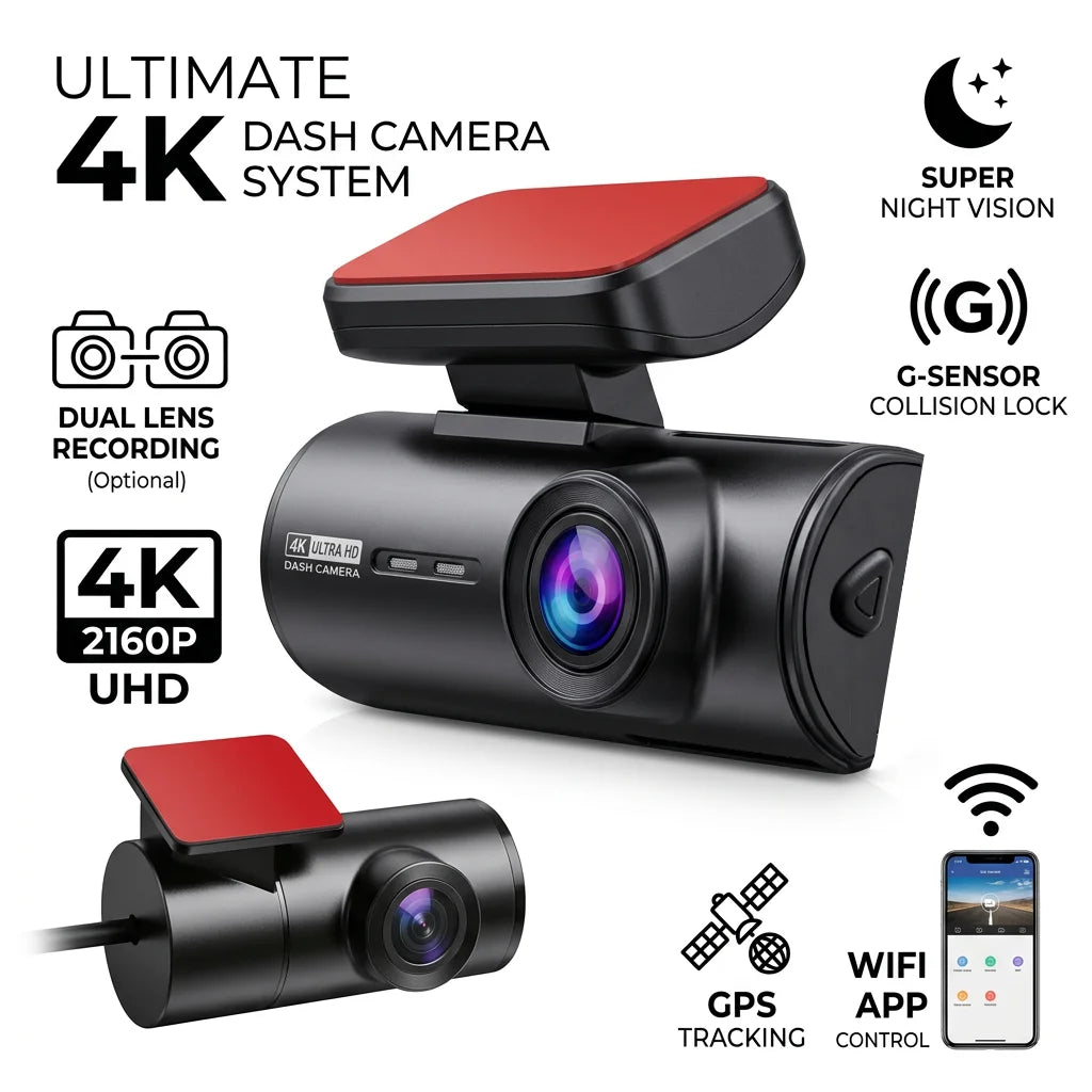 4K+1080P Ultra HD Dash Cam WiFi Car DVR GPS Dual Dash Camera APP Control Video Recorder Night Vision G-Sensor Loop Recording
