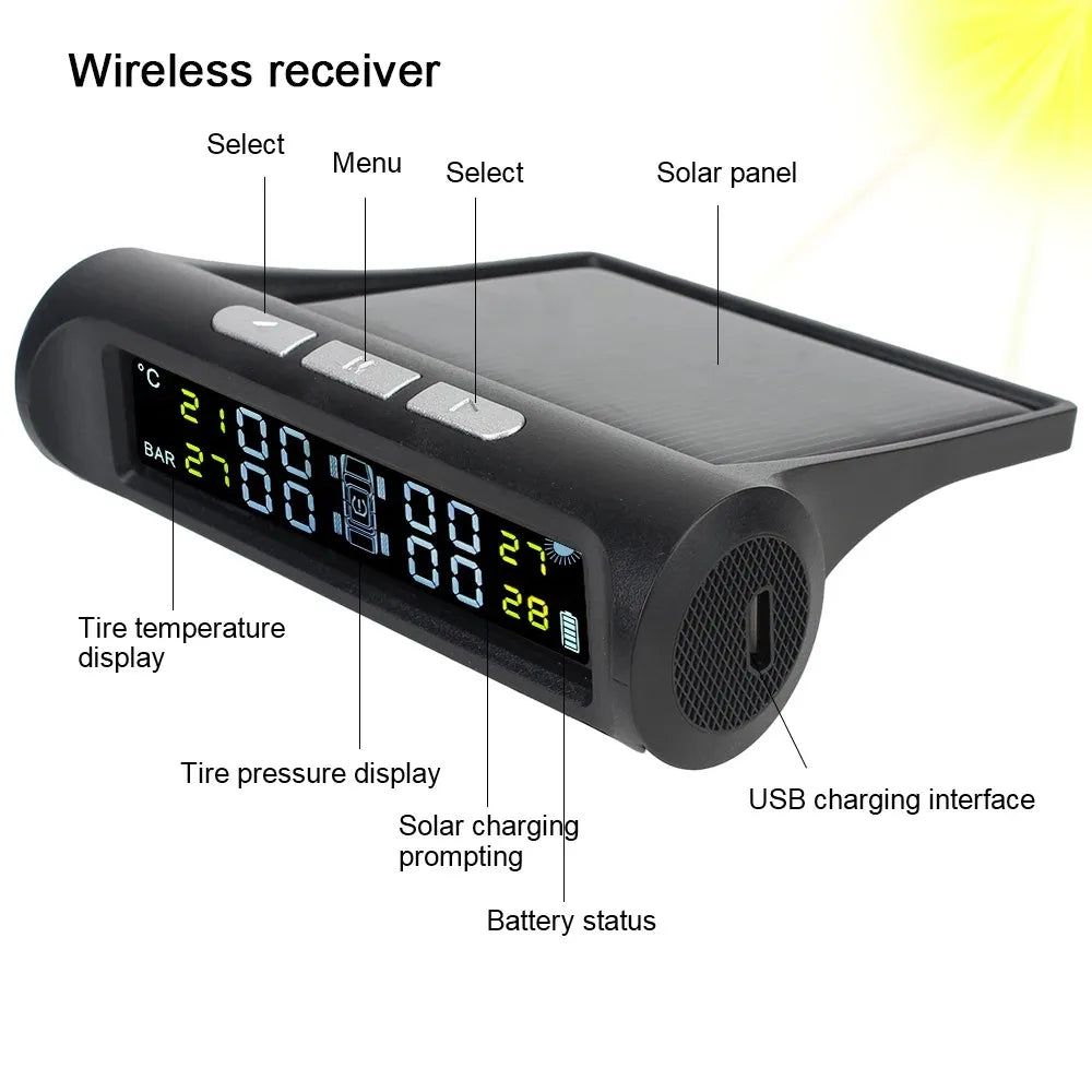 Digital LCD Display Car Accessories with 4 External Sensors Tyre Pressure Monitoring System Universal Solar TPMS