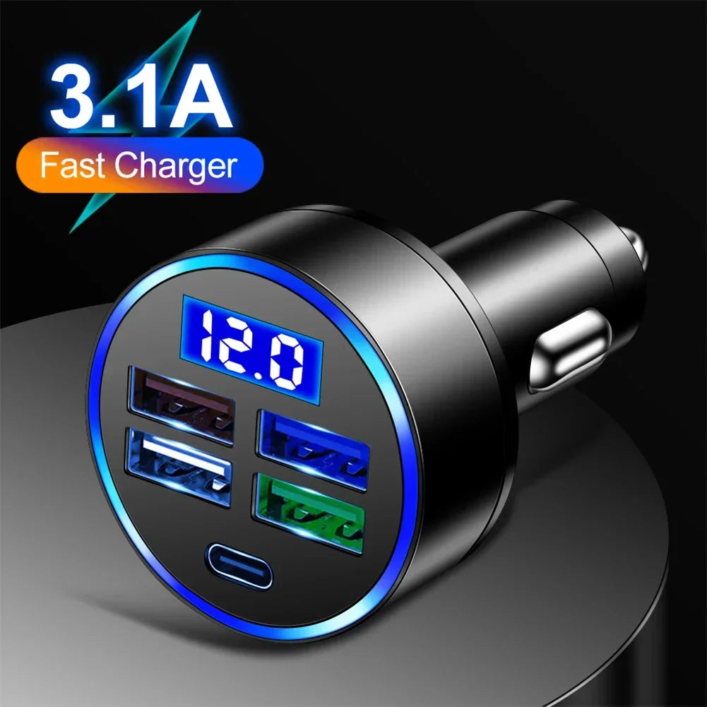 Car Charger 15.5W 4USB Type-C Digital Display Car Power Charger 5V 3.1A With Voltage Detection Multi-port Car Power Adapter