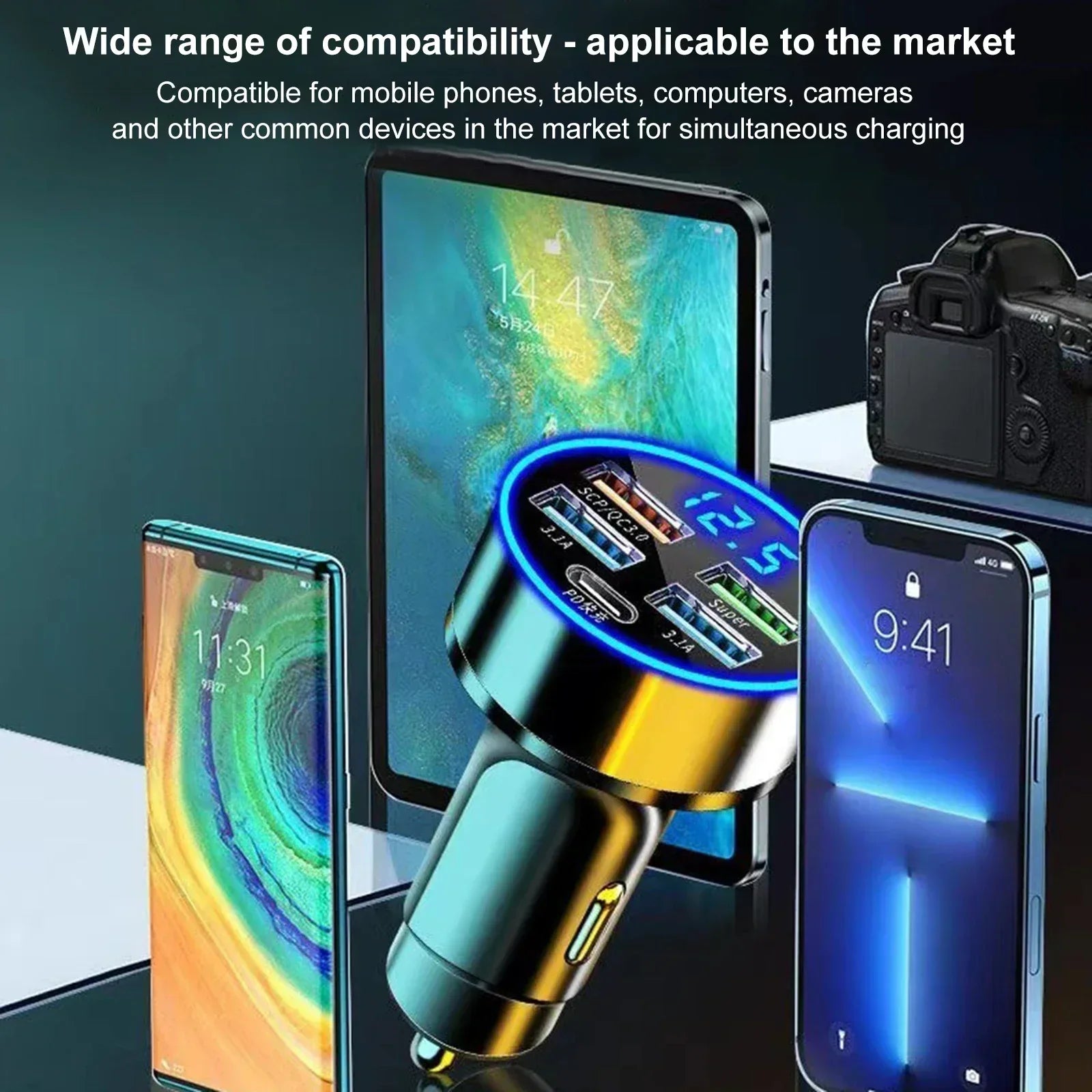 Super Fast Charging Car Charger 5-in-1 Adapter Charging Head Converter 4USB+PD Mobile Phone One Tow Three 250W
