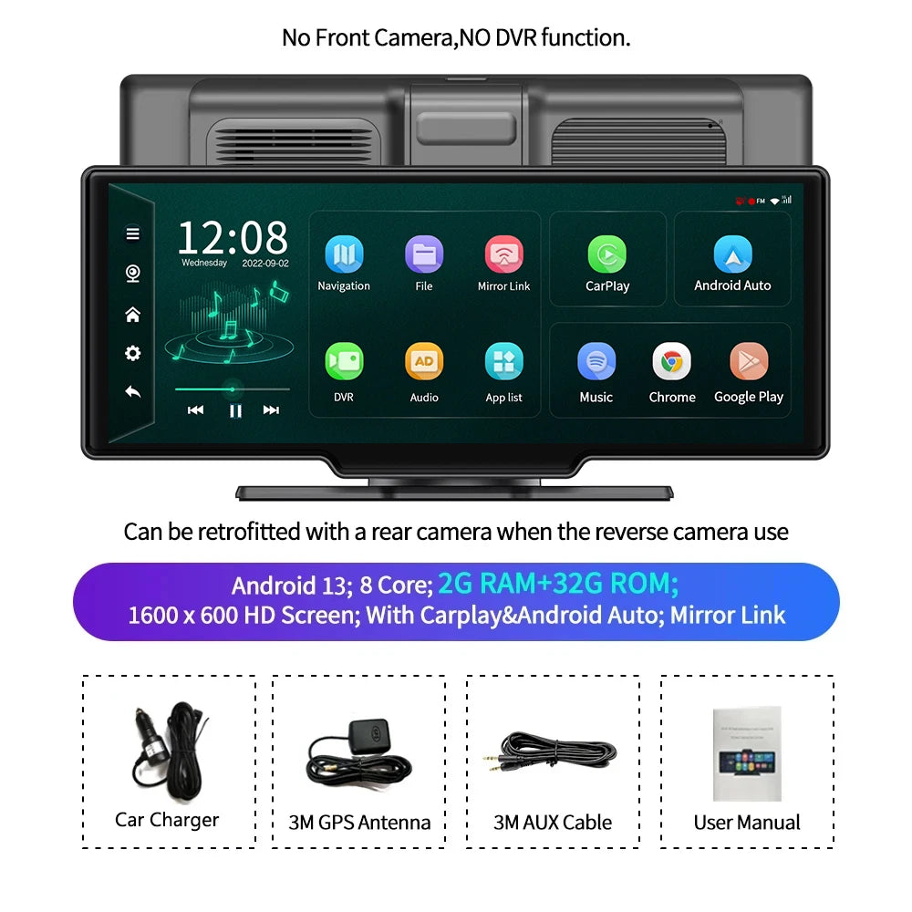 10.26''Dashboard Android 13 Dash Cam 5.1Bluetooth U Disk ADAS GPS Navigation FM AUX 24H Parking Monitor Car DVR Video Recorder