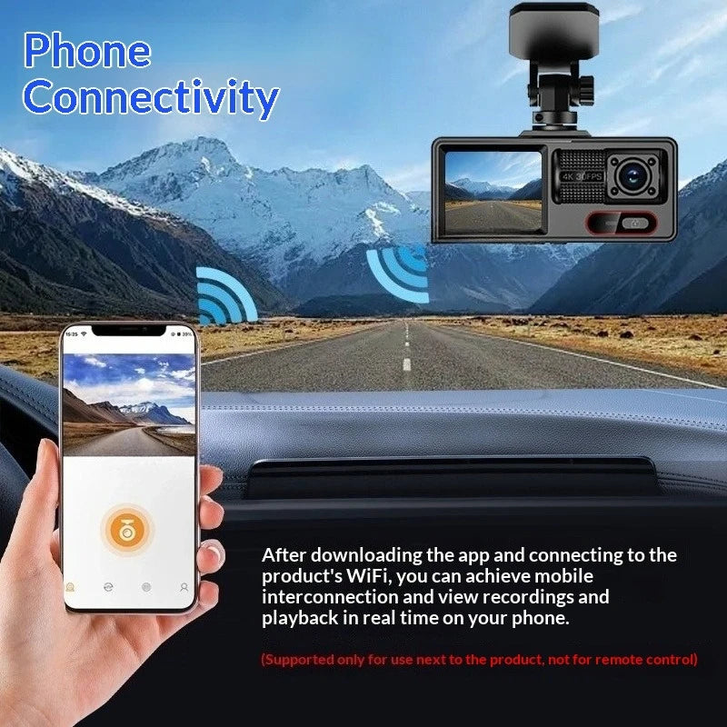3-lens dash cam, 3-channel car-mounted high-definition night vision, 2-inch front and rear dual recording, WiFi connectivity