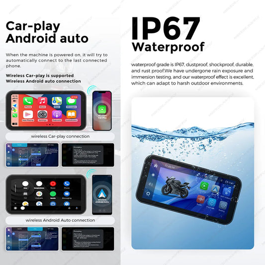 New 6.25‘’ Portable Carplay Motorcycle GPS Waterproof screen Wireless Carplay moto&Android Auto Monitor Dual DVR Camera BT TPMS