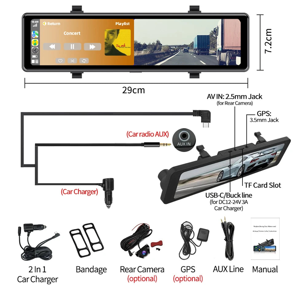 4K Dash Cam Car DVR with 5G WiFi BT FM AUX GPS Optional 1080P Rear View Camera Car Camera Recorder for Android Carplay Driving