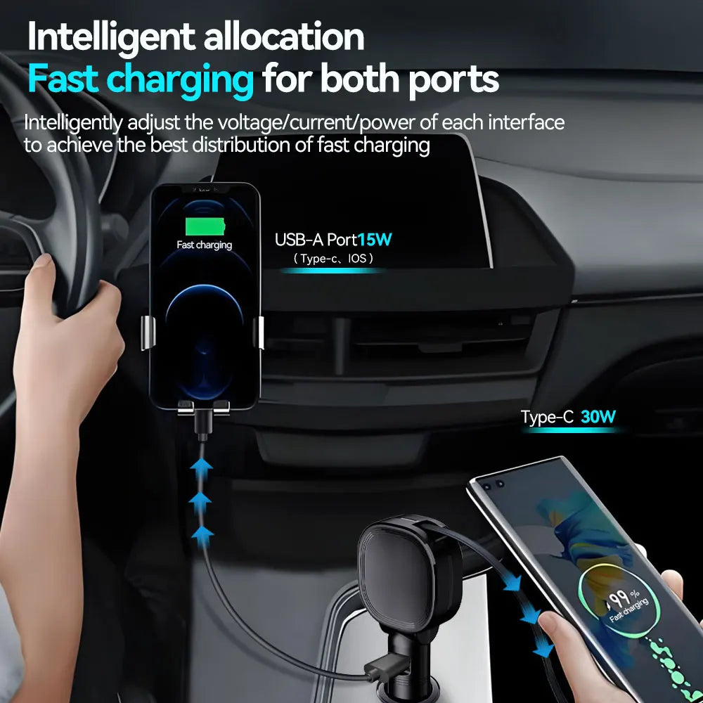 30W Car Charger 2 in 1 Retractable Cable QC PD Fast Car Phone Charger