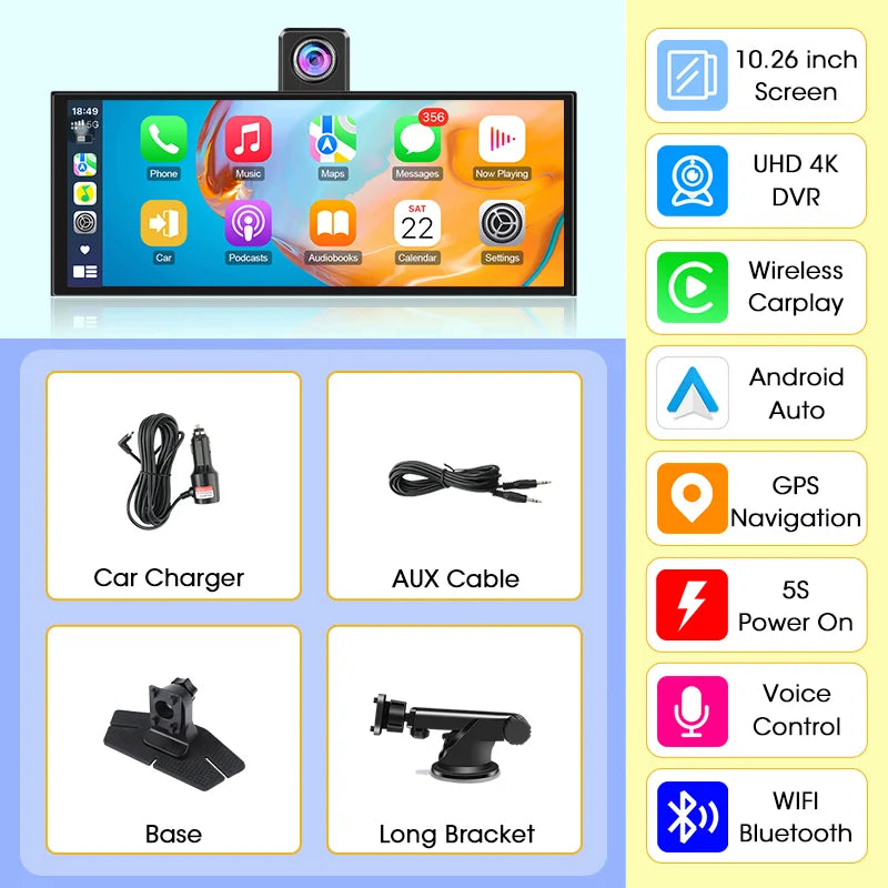4K Dash Cam 10.26 inch Carplay & Android Auto Car DVR Video Recorder Dahscam Camera 5G Wifi GPS Navigation FM AUX 360 ° Rotation
