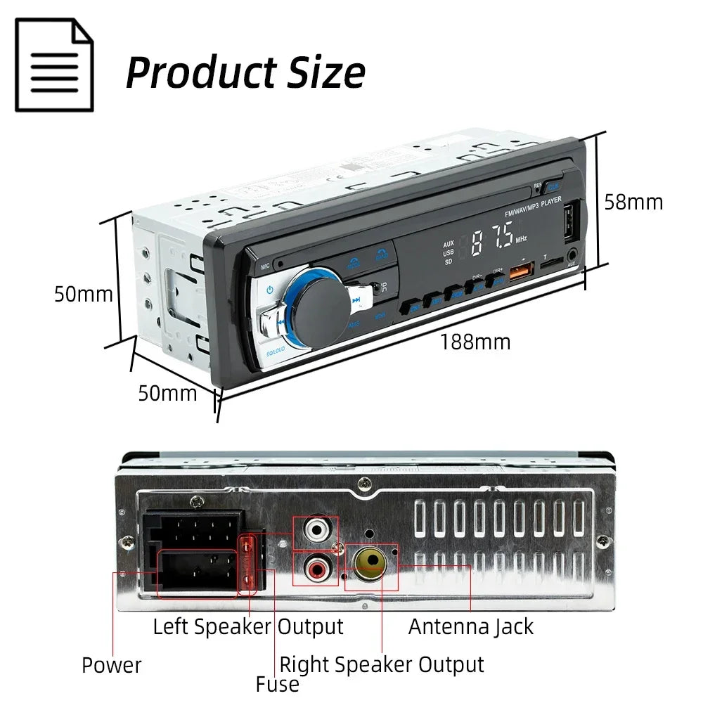 Car Radio 1din Stereo Player Digital Bluetooth Car MP3 Player FM Radio Stereo Audio Music USB/SD with In Dash AUX Input