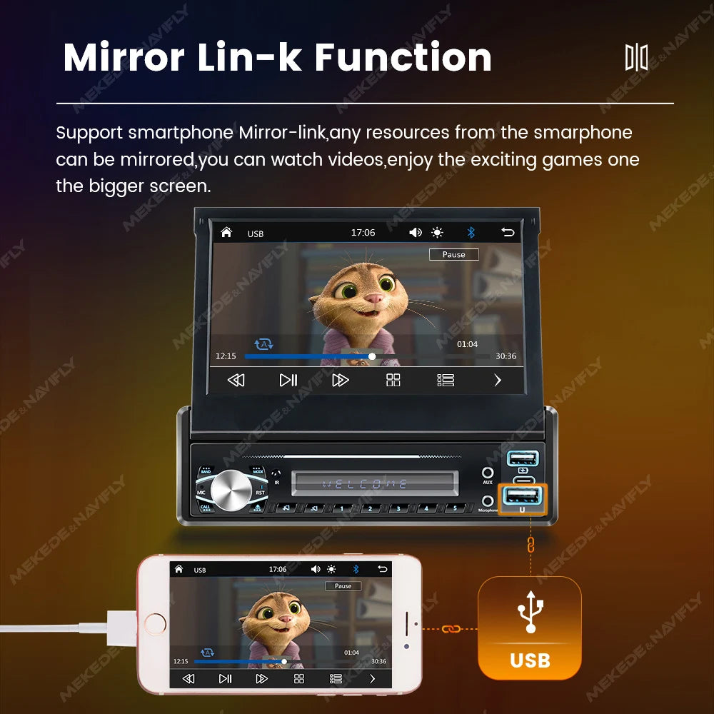 7 Inch Automatic Retractable Touch Screen Wireless Carplay Android Auto Universal 1 Din Car MP5 Player FM Radio BT Mirror Lin-k