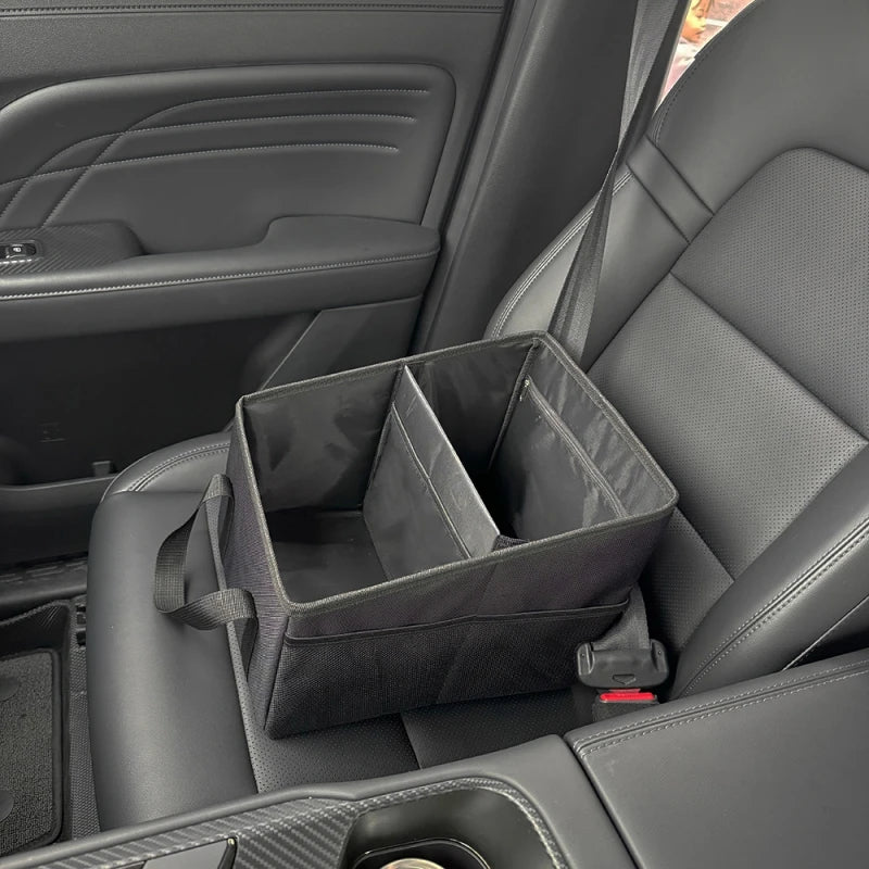 Car Seat Organizer Bag – Passenger Side Storage, Foldable Small Vehicle Storage Bag, with Safety Belt, Car Backseat Storage Box