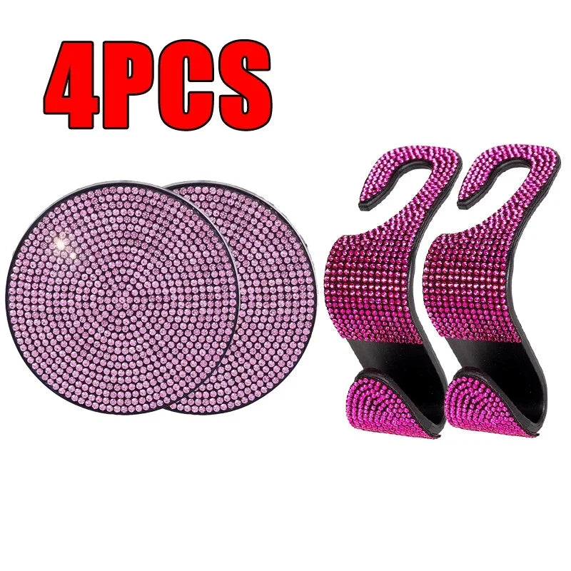 4 Pcs/set Car Interior Accessories Multifunction Diamond Auto Seat Back Hooks Non-slip Coaster Universal Car Hook Water Cup Mat