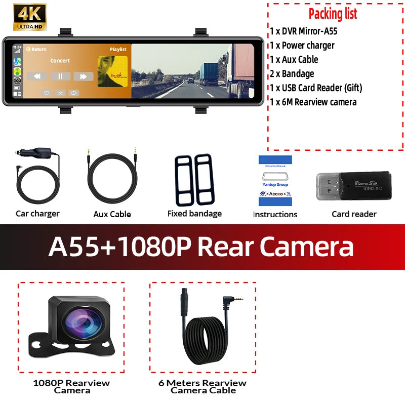 4K Dash Cam Car DVR with 5G WiFi BT FM AUX GPS Optional 1080P Rear View Camera Car Camera Recorder for Android Carplay Driving