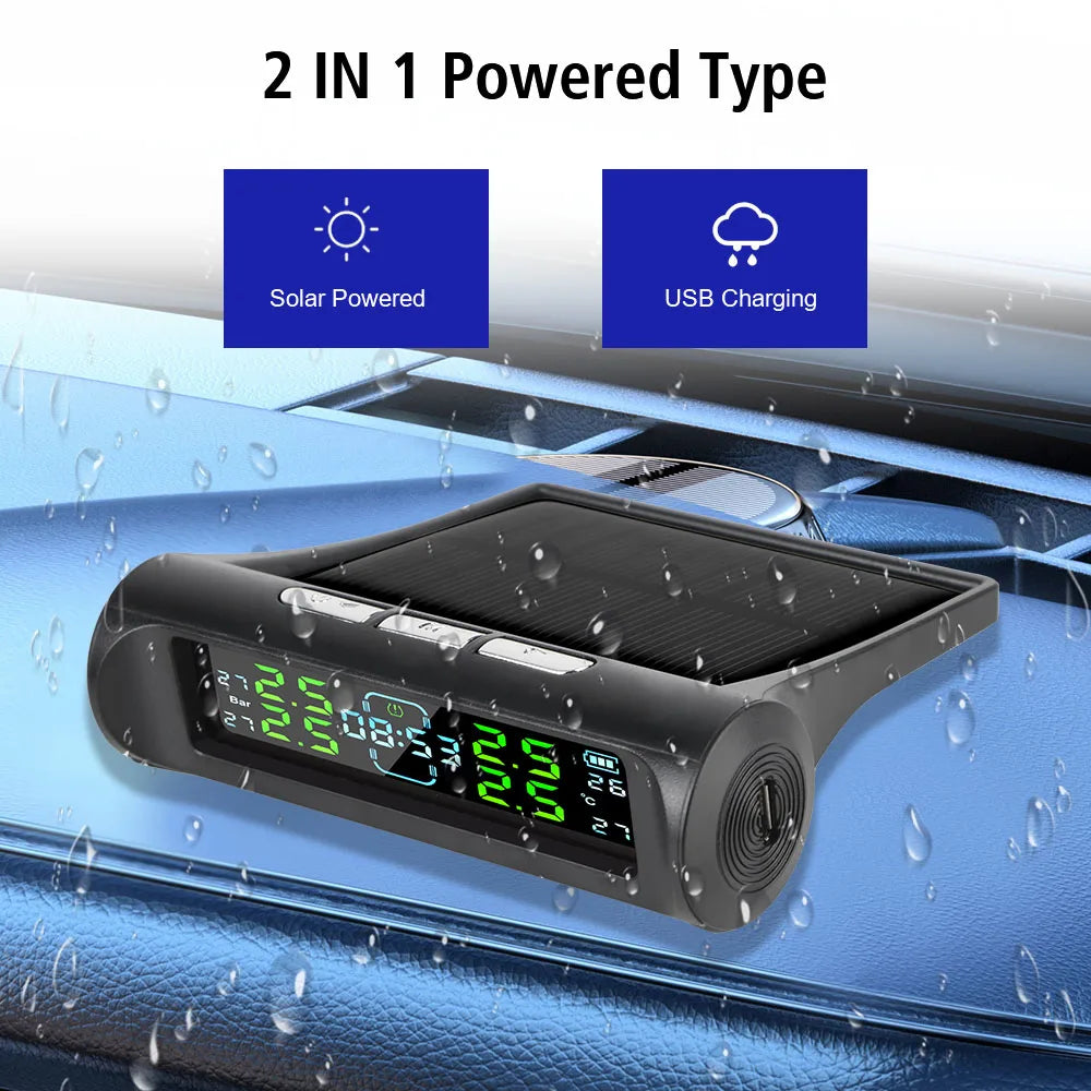 Auto Security Alarm Systems Digital LCD Display USB / Solar TPMS Car Tire Pressure Monitoring System With Digital Clock