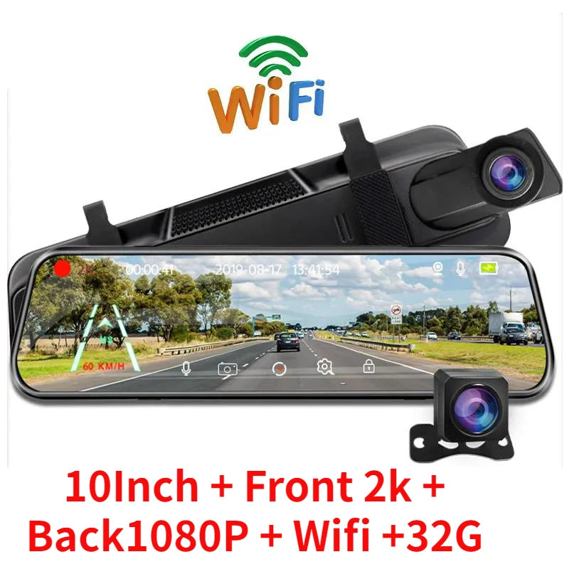 2K 10 Inch Dash Cam DVR Car Front and Rear Dual Camera Mirror Recorder HD Dashboard Video Night Vision WiFi Parking Monitor