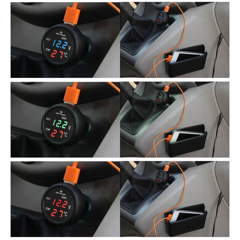 Car Charger 3 in 1 12/24V Charge with Voltmeter Switch Car Auto LED Digital Voltmeter Gauge Thermometer USB Charger