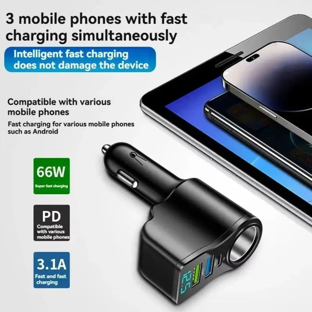 4 in 1 Dual USB Car Charger Fast Charger 66W Auto Phone Charger Multifunctional USB&Type-C Car Charger Adapter Mobile Phone