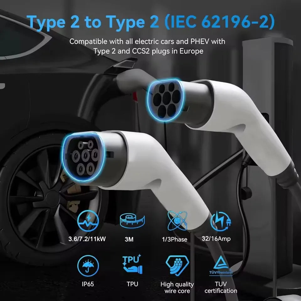 Teschev 16A/32A 11kW Type to Type2 EV Charging Charging Cable IEC 62196-2 Charger For PHEV Electric Vehicles In Public Station