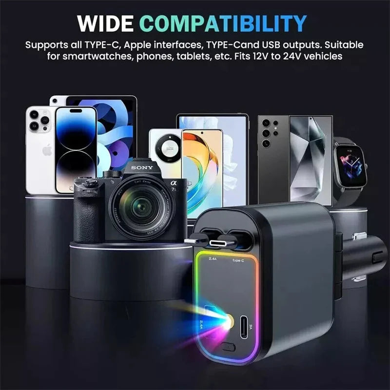 Super Fast Car Phone Charger, 100W Car Phone Charger with Retractable Cables USB and Type-C Port, 4 IN 1 Retractable Car Charger