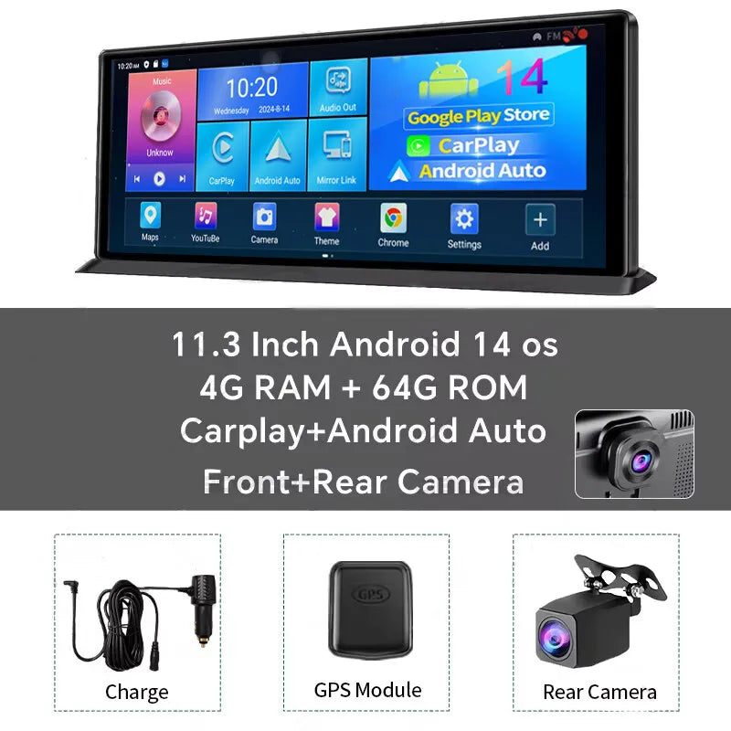 11.3" Android 14 Dash Cam with Carplay Android Auto 4GB+64GB Front Rear 1080P GPS Navigation WiFi Smart Rearview Mirror DVR